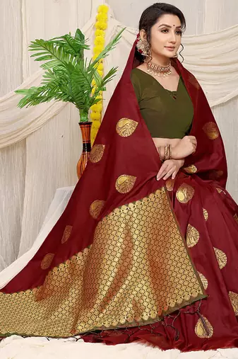 Maroon banarasi silk blend saree with zari buttas & green zari border