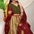 Maroon banarasi silk blend saree with zari buttas & green zari border