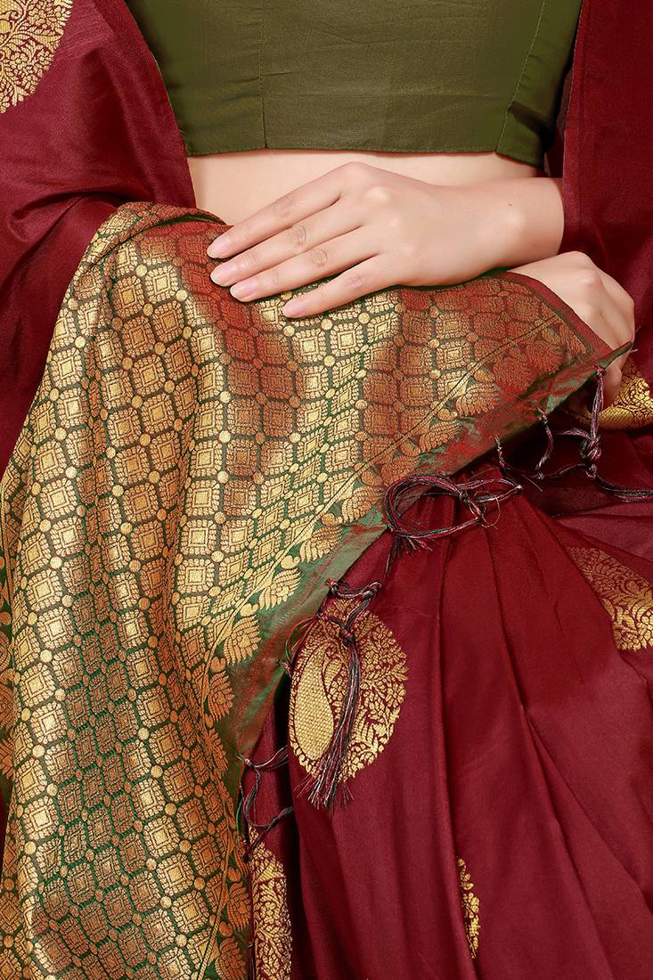Maroon banarasi silk blend saree with zari buttas & green zari border