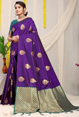 Purple banarasi silk blend saree with zari buttas & green zari border 1