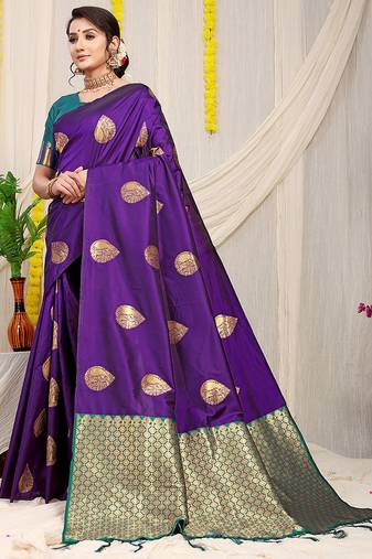 Purple banarasi silk blend saree with zari buttas & green zari border