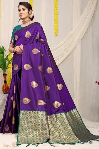 Purple banarasi silk blend saree with zari buttas & green zari border