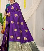 Purple banarasi silk blend saree with zari buttas & green zari border