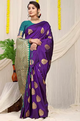 Purple banarasi silk blend saree with zari buttas & green zari border