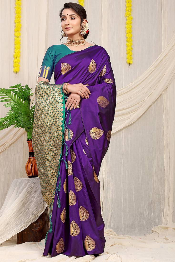 Purple banarasi silk blend saree with zari buttas & green zari border