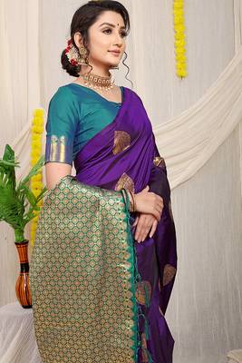 Purple banarasi silk blend saree with zari buttas & green zari border 3