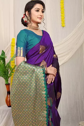 Purple banarasi silk blend saree with zari buttas & green zari border