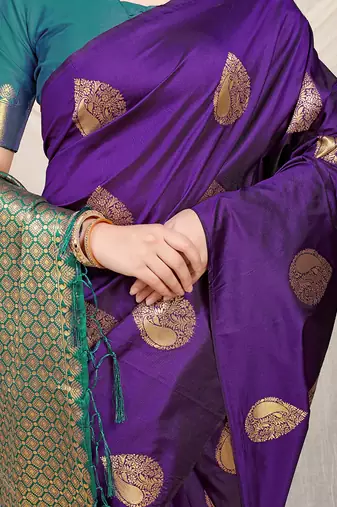 Purple banarasi silk blend saree with zari buttas & green zari border