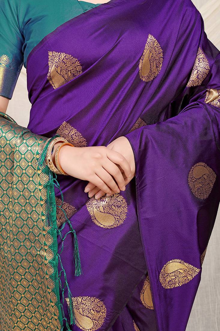 Purple banarasi silk blend saree with zari buttas & green zari border