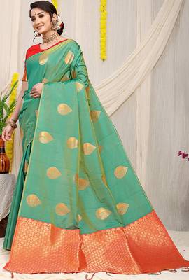 Sea green banarasi silk blend saree with zari buttas & green zari border 1