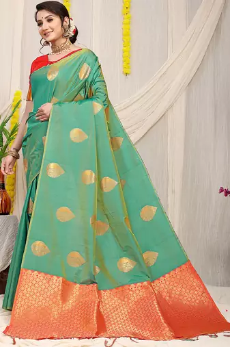 Sea green banarasi silk blend saree with zari buttas & green zari border