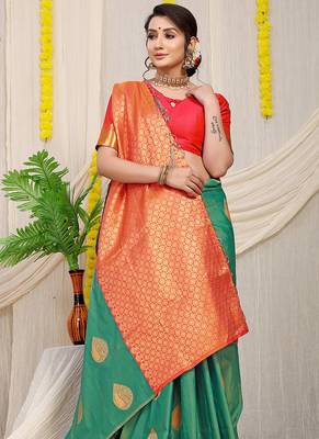 Sea green banarasi silk blend saree with zari buttas & green zari border 2