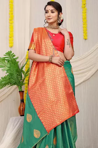 Sea green banarasi silk blend saree with zari buttas & green zari border