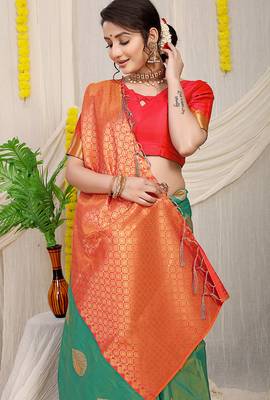Sea green banarasi silk blend saree with zari buttas & green zari border 3