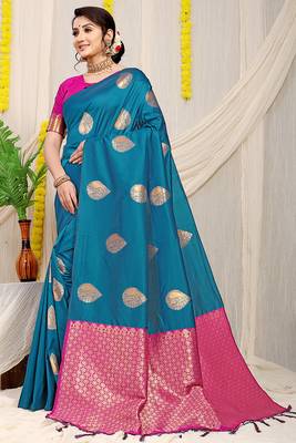 Teal blue banarasi silk blend saree with zari buttas & green zari border 1