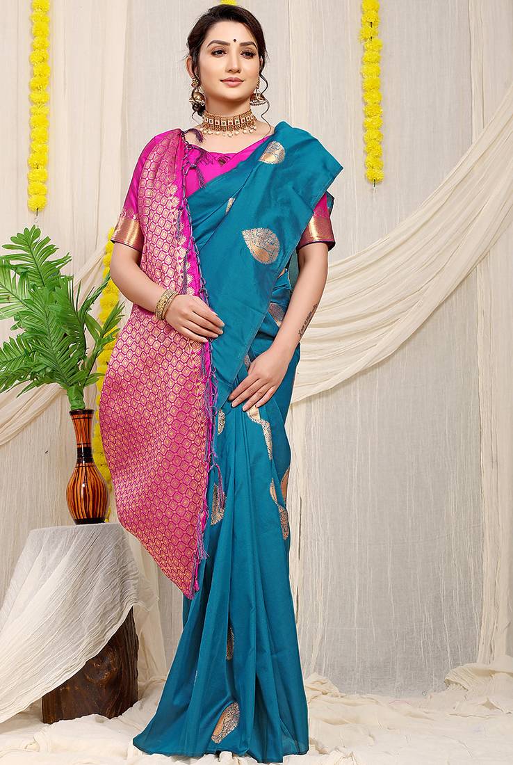 Teal blue banarasi silk blend saree with zari buttas & green zari border