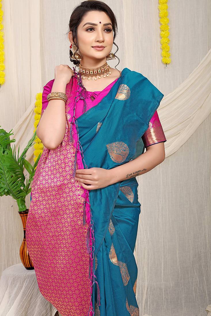 Teal blue banarasi silk blend saree with zari buttas & green zari border