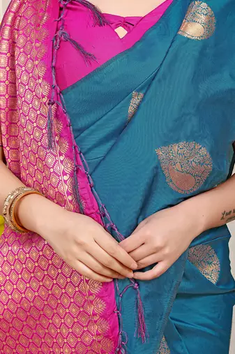 Teal blue banarasi silk blend saree with zari buttas & green zari border