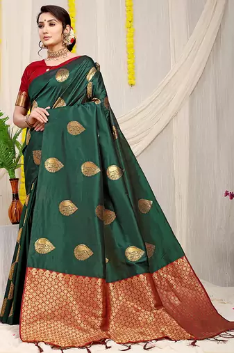Bottle green banarasi silk blend saree with zari buttas & green zari border