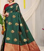 Bottle green banarasi silk blend saree with zari buttas & green zari border