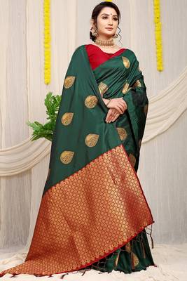 Bottle green banarasi silk blend saree with zari buttas & green zari border 2