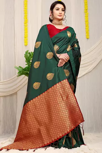 Bottle green banarasi silk blend saree with zari buttas & green zari border