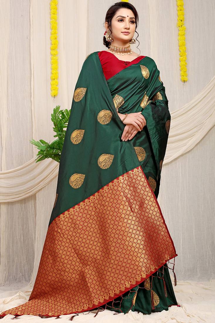Bottle green banarasi silk blend saree with zari buttas & green zari border