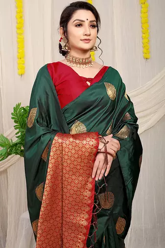 Bottle green banarasi silk blend saree with zari buttas & green zari border