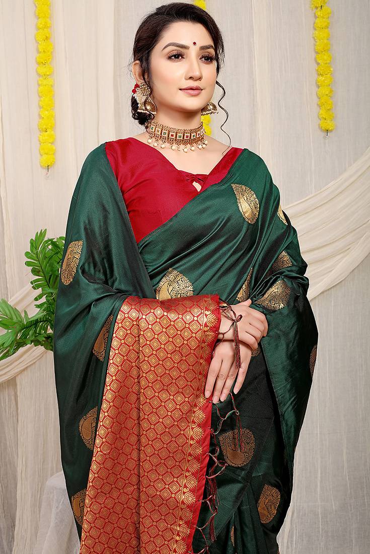 Bottle green banarasi silk blend saree with zari buttas & green zari border
