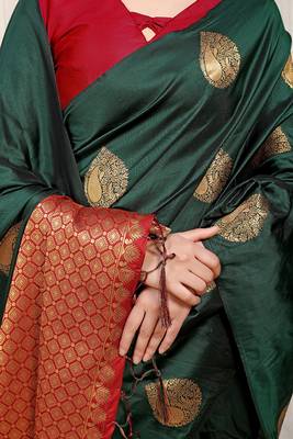 Bottle green banarasi silk blend saree with zari buttas & green zari border 4