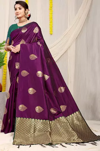 Dark purple banarasi silk blend saree with zari buttas & green zari border