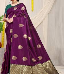 Dark purple banarasi silk blend saree with zari buttas & green zari border