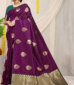 Dark purple banarasi silk blend saree with zari buttas & green zari border