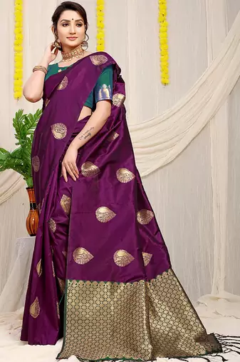 Dark purple banarasi silk blend saree with zari buttas & green zari border