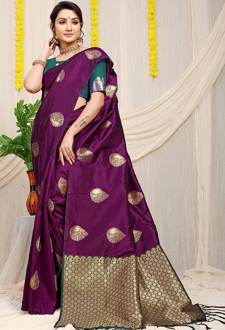Dark purple banarasi silk blend saree with zari buttas & green zari border