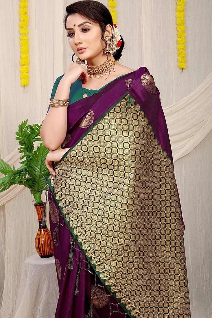 Dark purple banarasi silk blend saree with zari buttas & green zari border