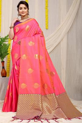 Pink banarasi silk blend saree with zari buttas & green zari border 1