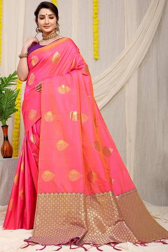 Pink banarasi silk blend saree with zari buttas & green zari border