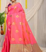 Pink banarasi silk blend saree with zari buttas & green zari border