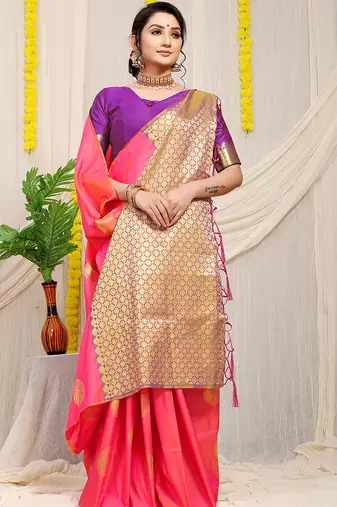 Pink banarasi silk blend saree with zari buttas & green zari border