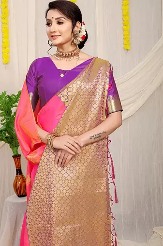 Pink banarasi silk blend saree with zari buttas & green zari border