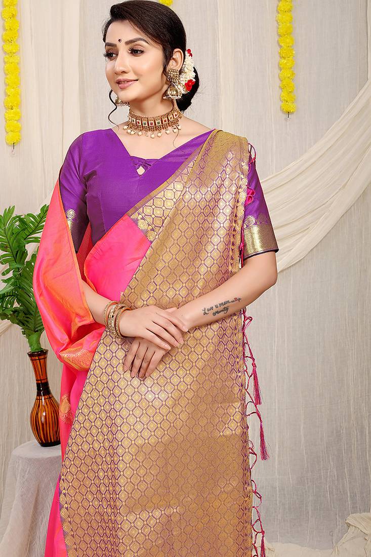 Pink banarasi silk blend saree with zari buttas & green zari border