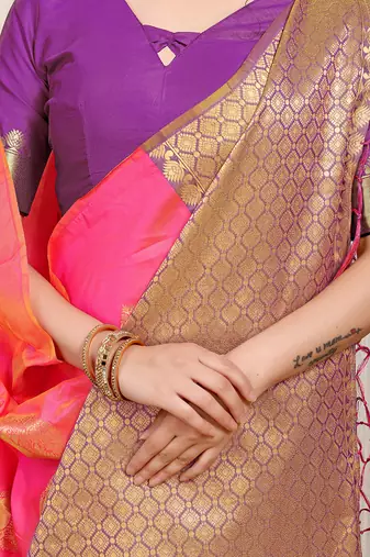 Pink banarasi silk blend saree with zari buttas & green zari border