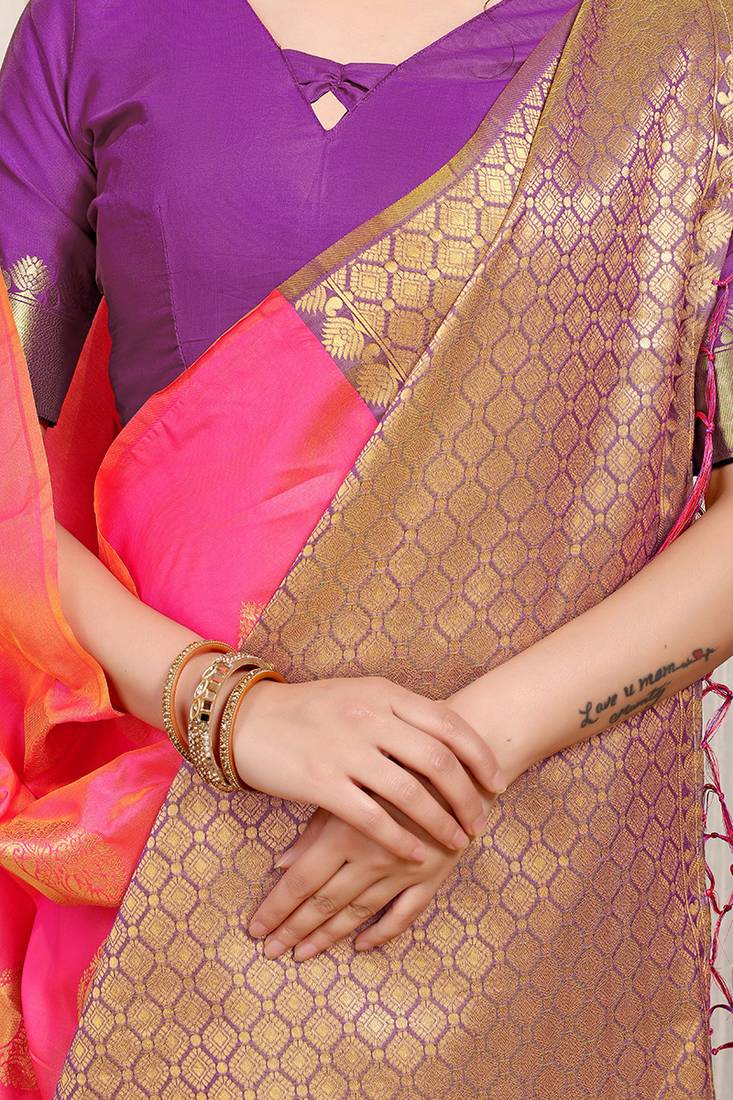Pink banarasi silk blend saree with zari buttas & green zari border