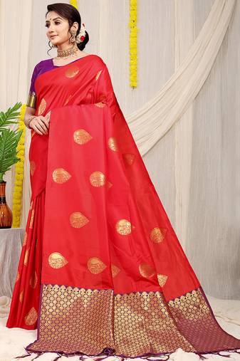 Red banarasi silk blend saree with zari buttas & green zari border