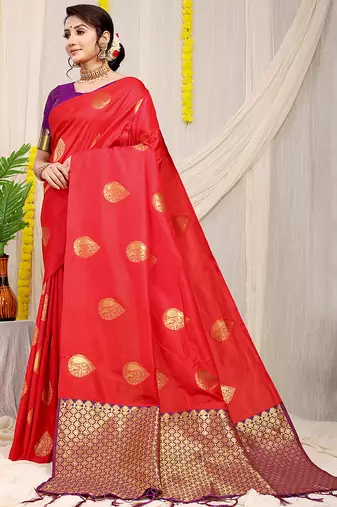 Red banarasi silk blend saree with zari buttas & green zari border