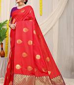Red banarasi silk blend saree with zari buttas & green zari border