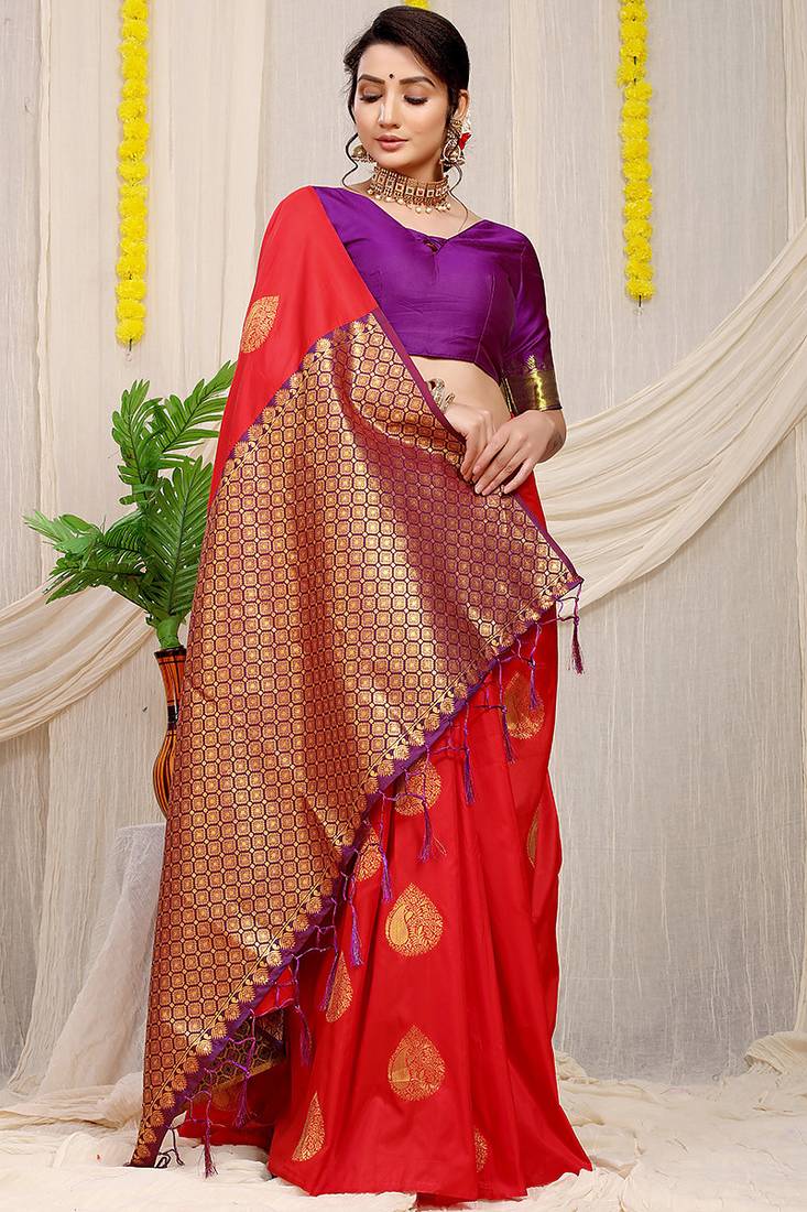 Red banarasi silk blend saree with zari buttas & green zari border