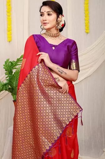 Red banarasi silk blend saree with zari buttas & green zari border
