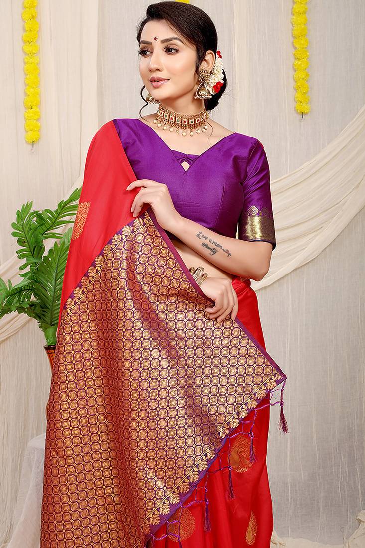 Red banarasi silk blend saree with zari buttas & green zari border